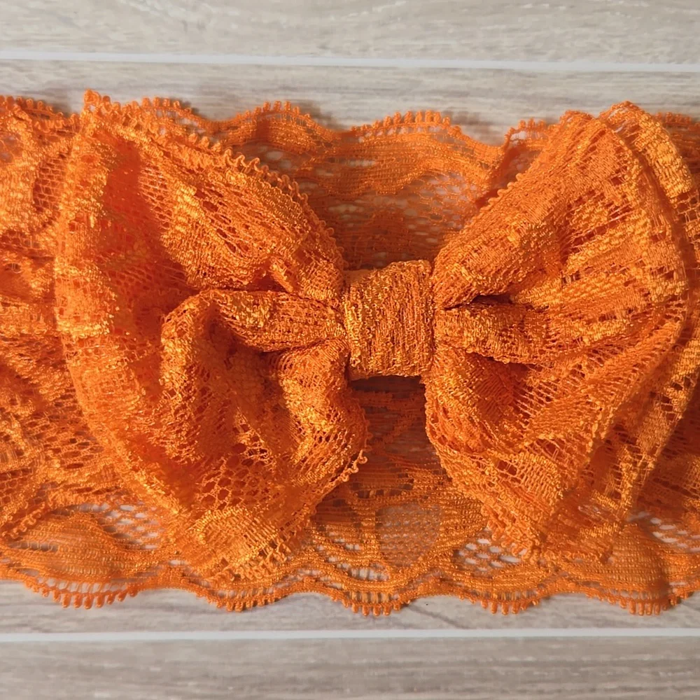 Set of 2 Wide Lace Bow Headbands Orange & Red Stretch Hairband Handmade Bundle